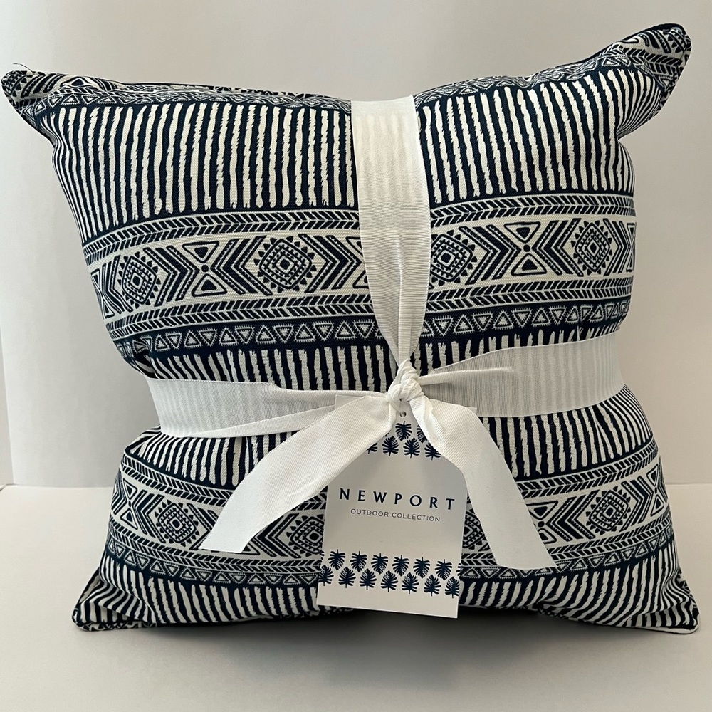 Newport blue and white Boho print outdoor patio throw pillows set of 2 16x16
